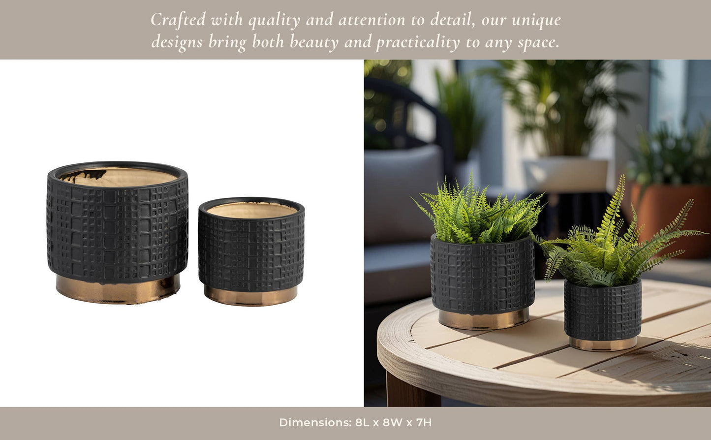 Sagebrook Home - Planter Set of 2 - Black Ceramic Raised Mesh, 6/8 in.