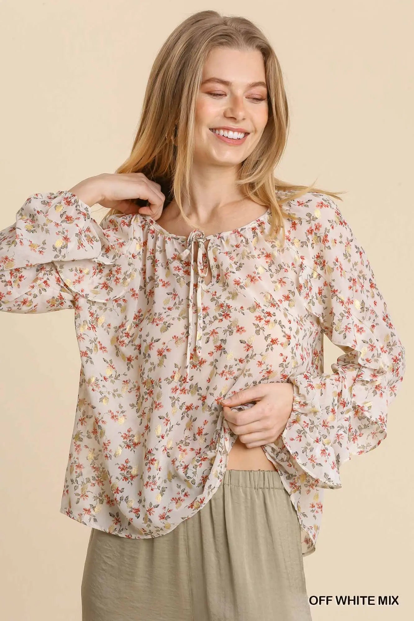 Sheer Metallic Floral Print with Front Keyhole and Tie