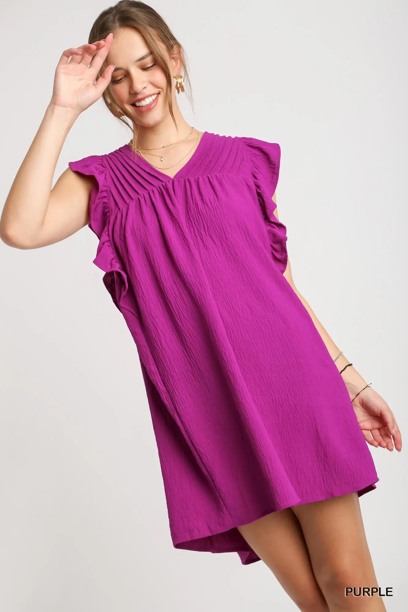 V-Neck Shift Dress with Ruffle Sleeves