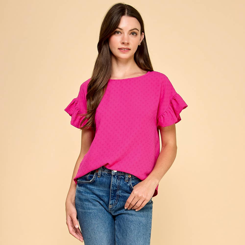 Solid Texturized Drop Shoulder Top with Ruffled Sleeves
