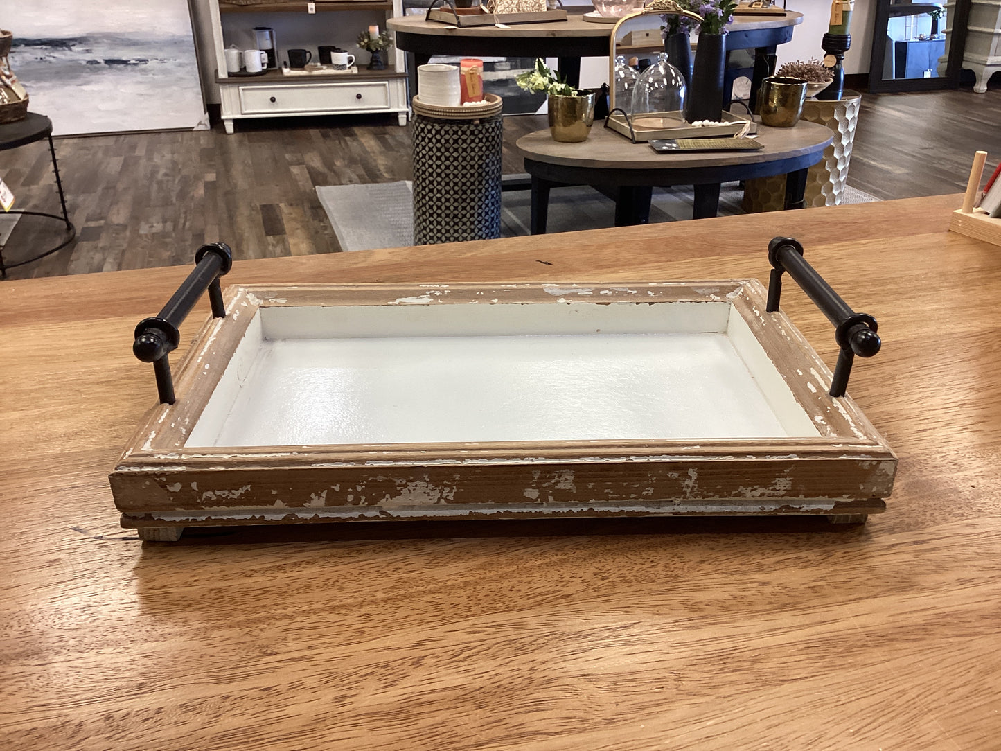 Distressed Oblong Tray with Iron Handles