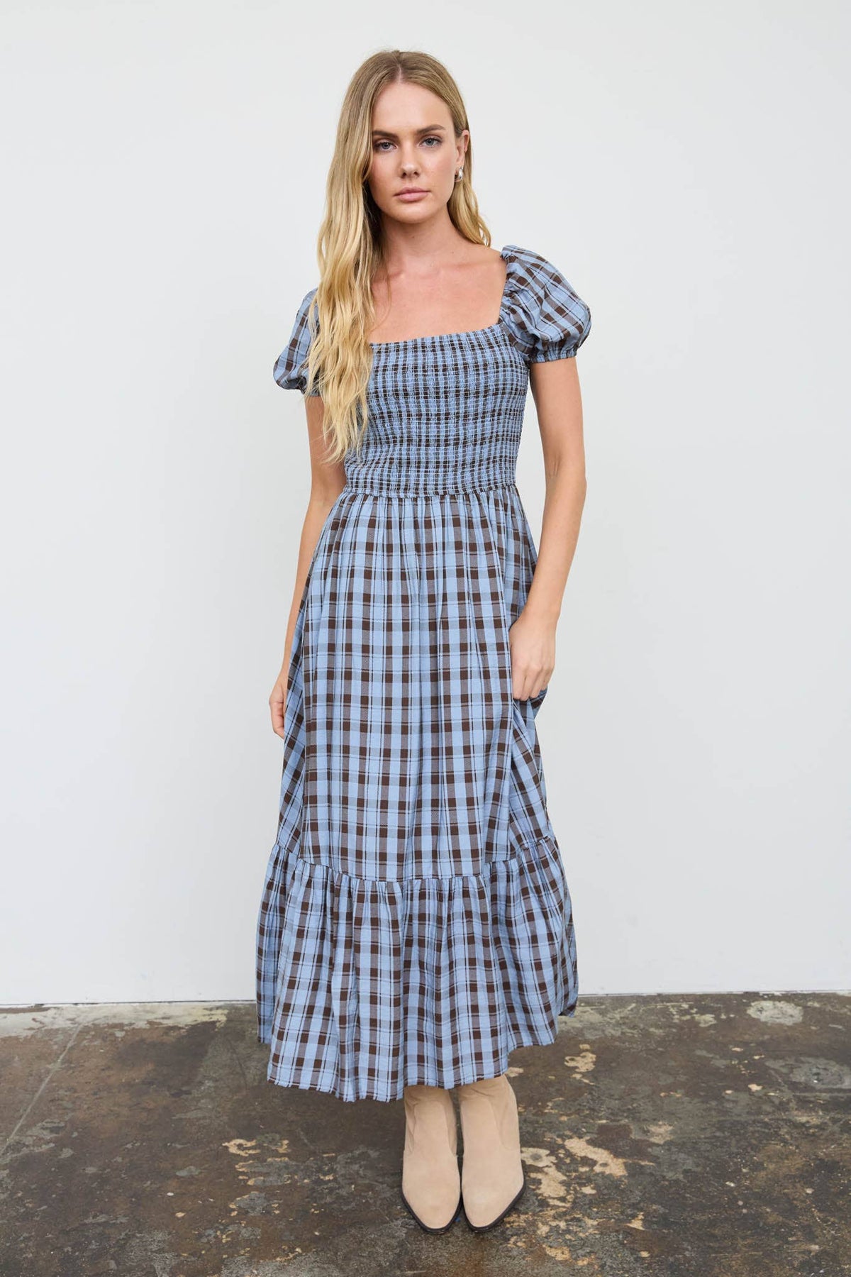 Plaid Smocked Puff Sleeve Tiered Midi Dress