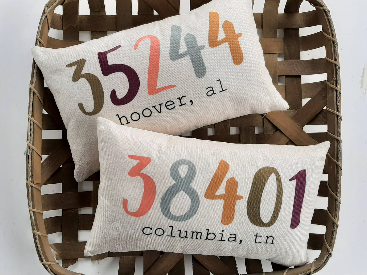 AbbyKate HOME - Colorful Zip Code and City/State Pillow