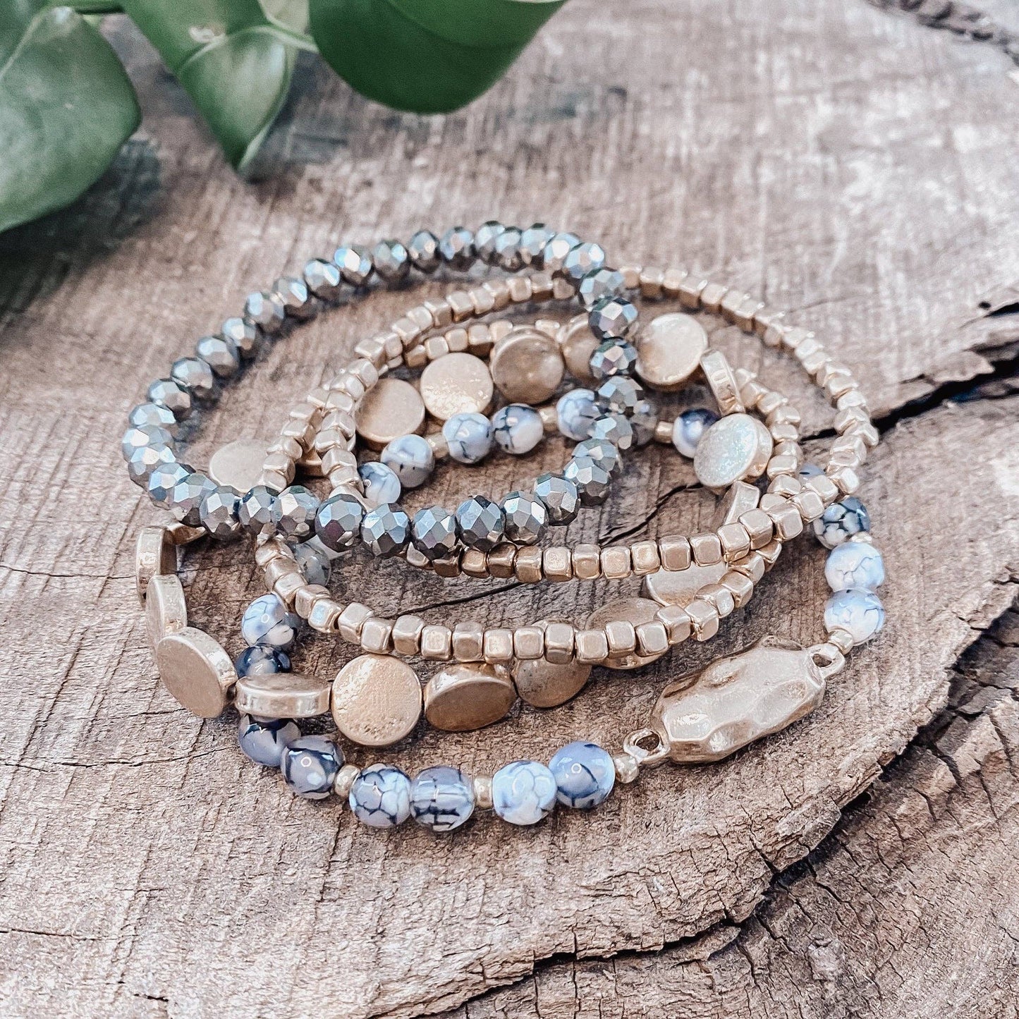 PennyLine inc - 5 piece Boho Beaded Bracelets Stack Semi Precious Metal Glass Beads Golden nugget flat beads