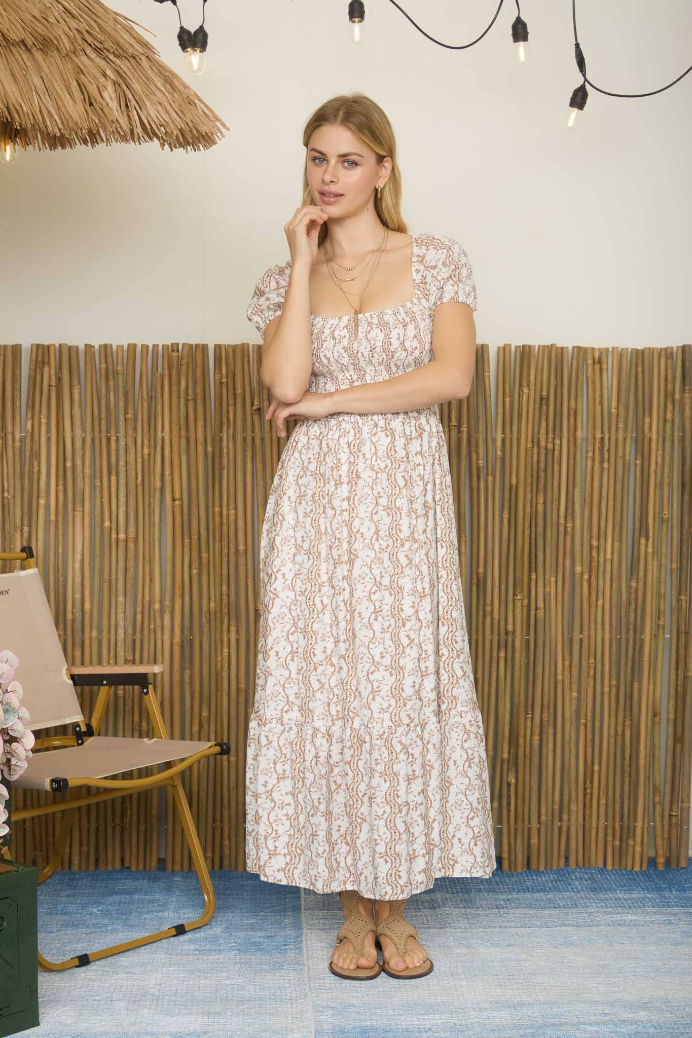 Wavy Floral Smocked Puff Sleeve Midi Dress