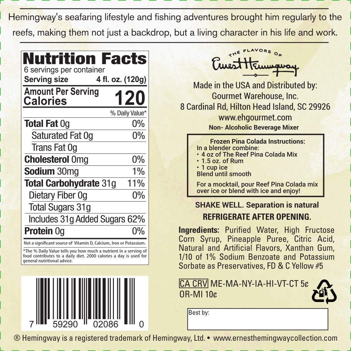 Gourmet Warehouse Brands - Hemingway "The Reef" Pina Colada Mix