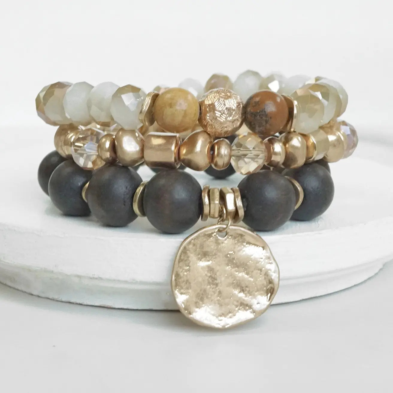 Boho Beads Coin Bracelets Statement Set in Brown