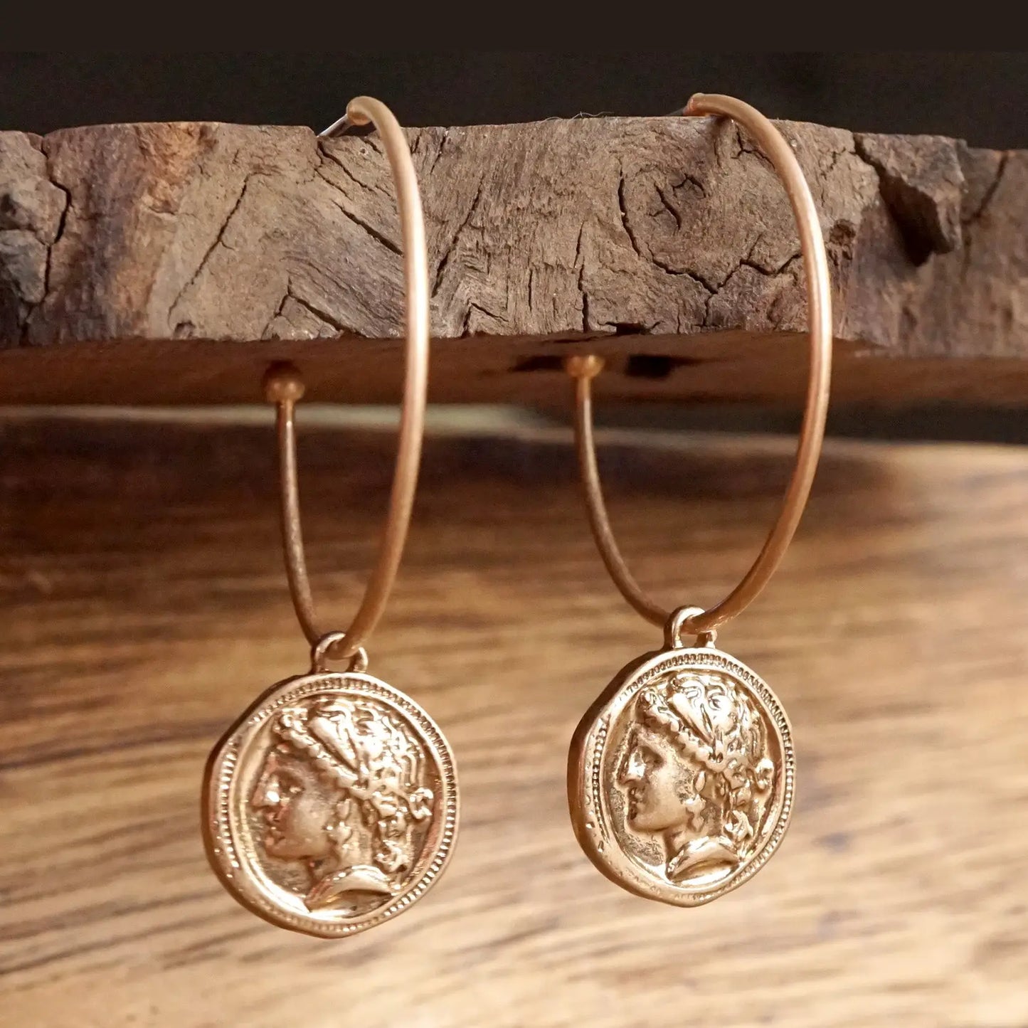 Boho Hoop Earrings with A Small Coin in Worn Gold