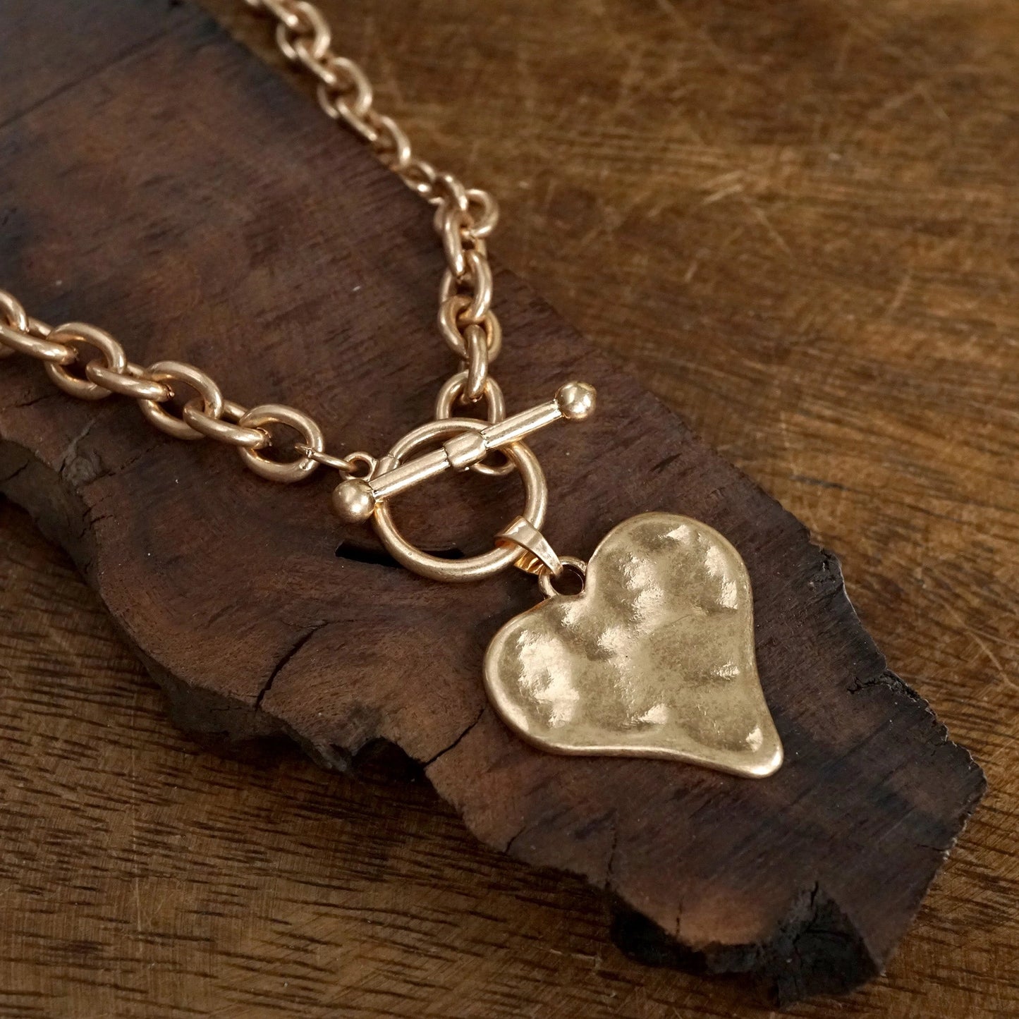 Boho Hammered Heart Front Toggle Necklace