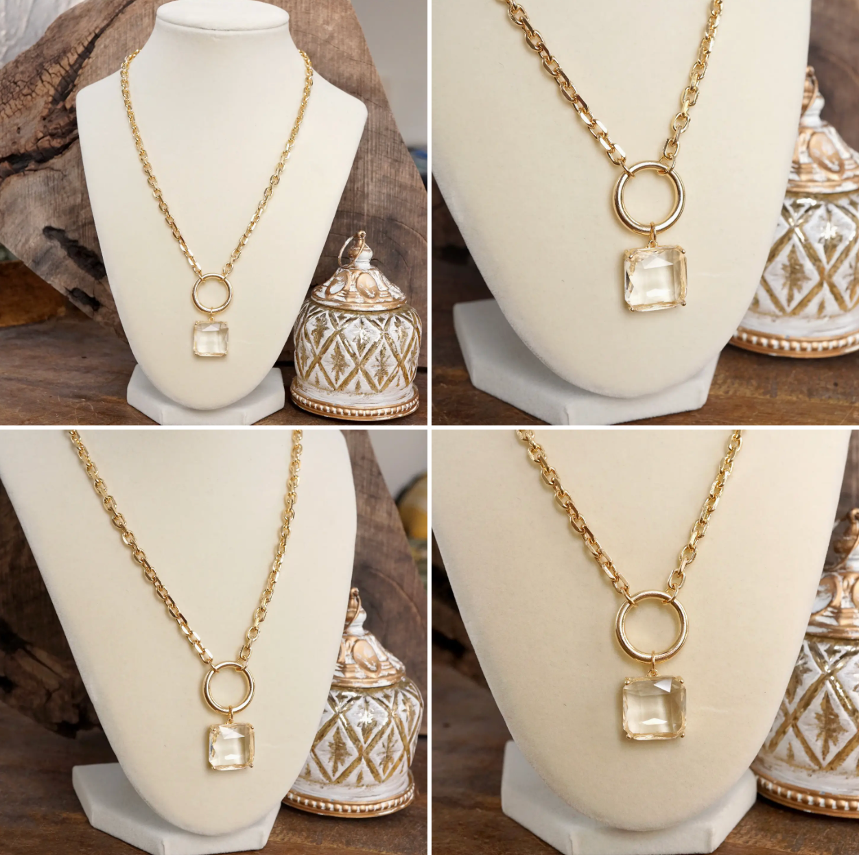 Clear Square Crystal Pendant Chain Necklace in Gold Tone