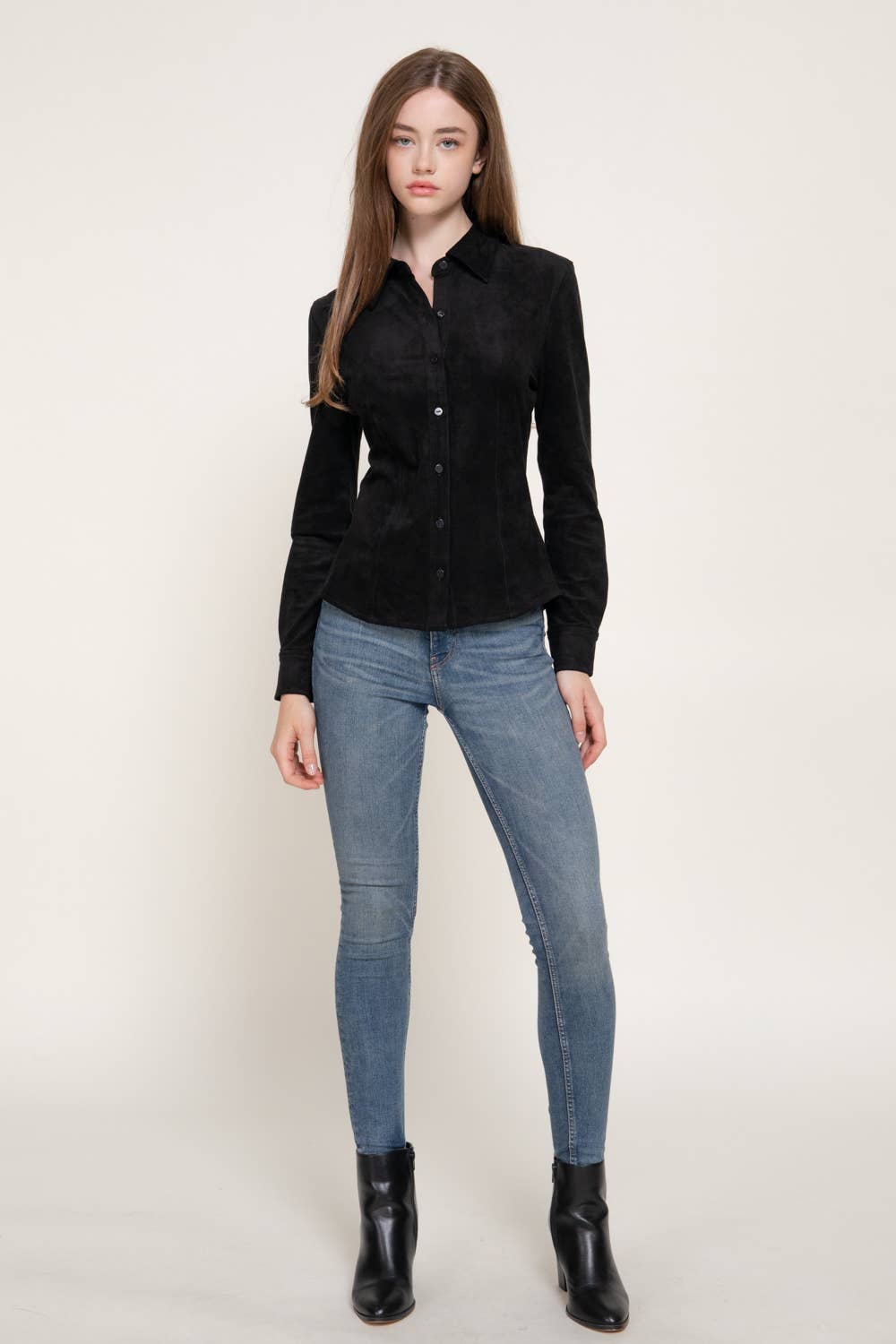 Active Basic | Active USA - Long Sleeve Button Down Stretch Faux Suede Shirt