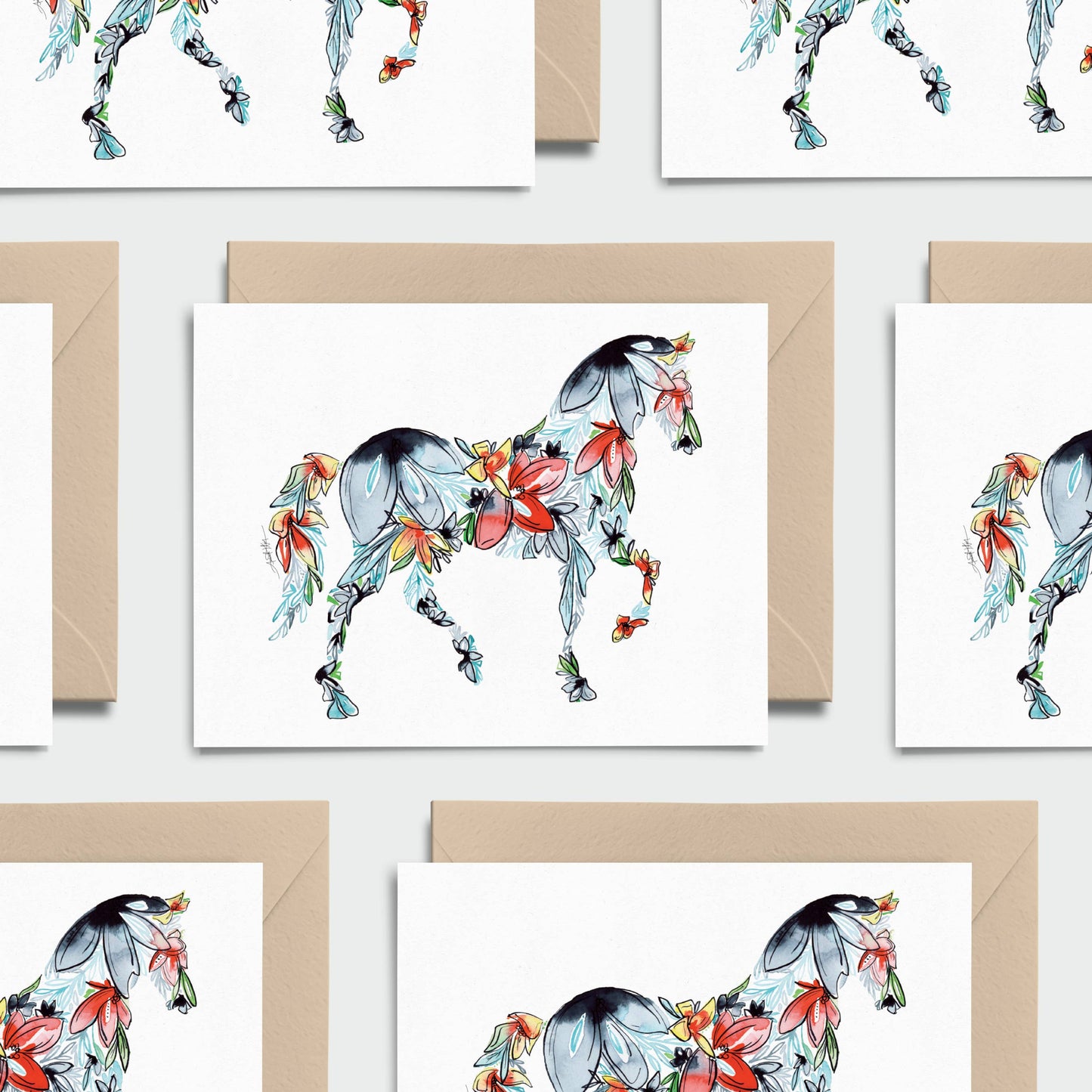 Horse Floral Note Card Stationery Set