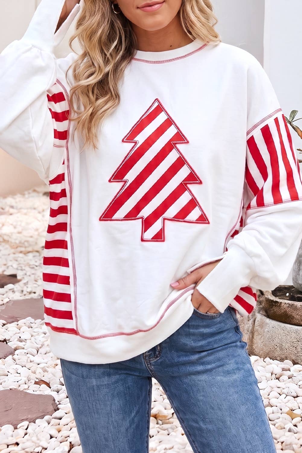 Little Daisy Closet - LDC Holidy Colorblock Striped Christmas Tree Blouse
