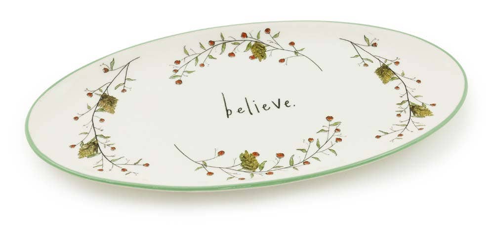 Pinecones & Bells Oval Ceramic Christmas Platter