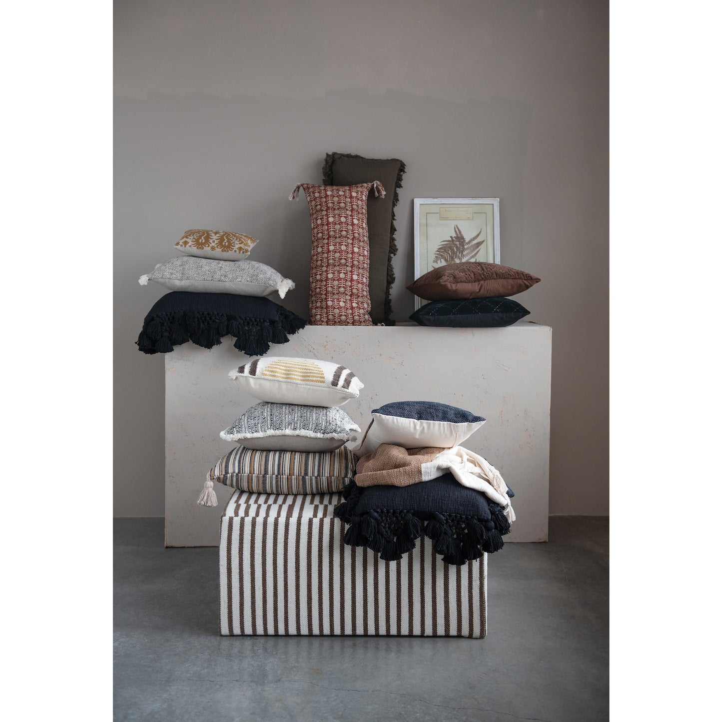 Cotton Lumbar Pillow with Chambray Back & Fringe