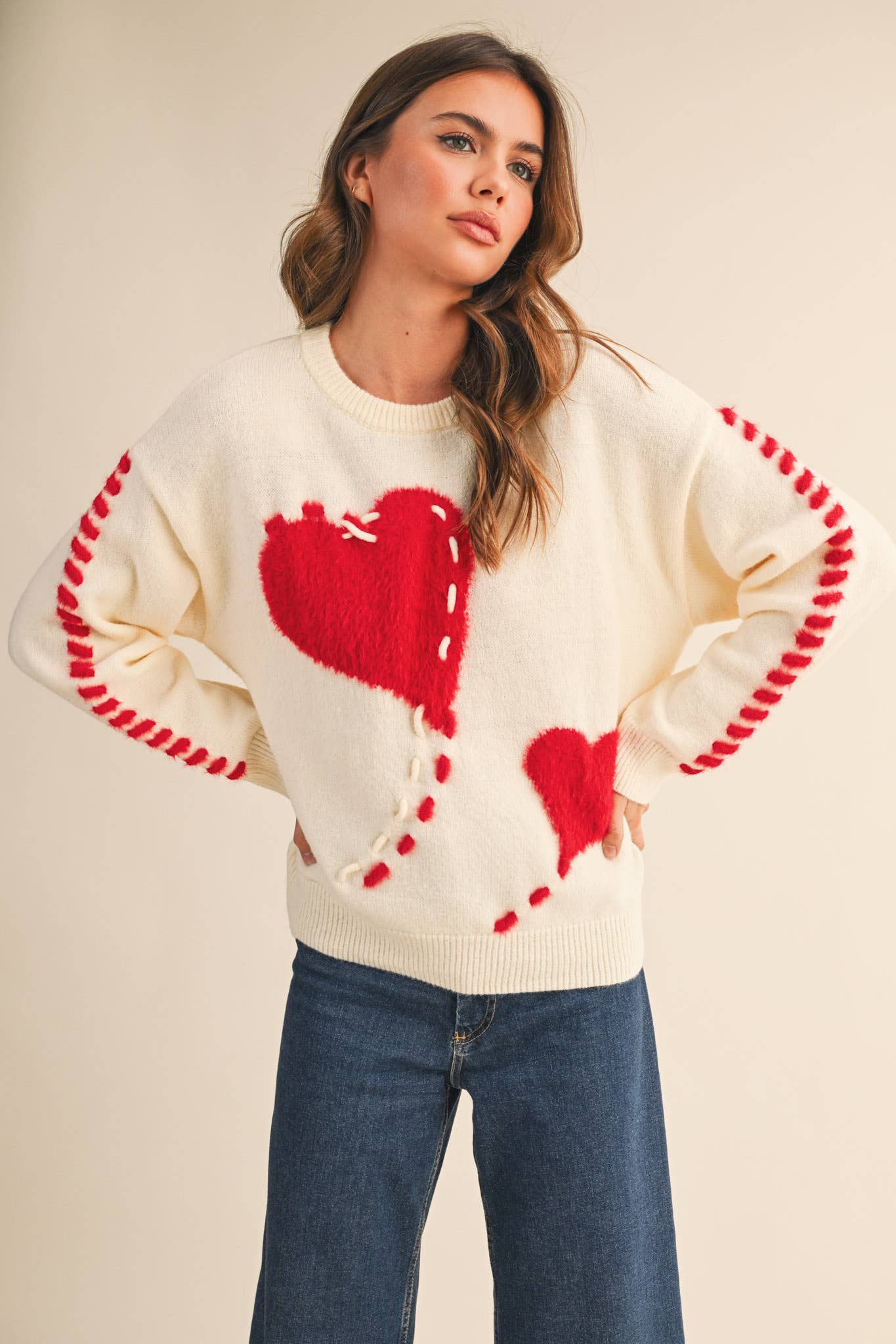 FUZZY HEART KNIT SWEATER WITH WHIP STITCH MSW10990