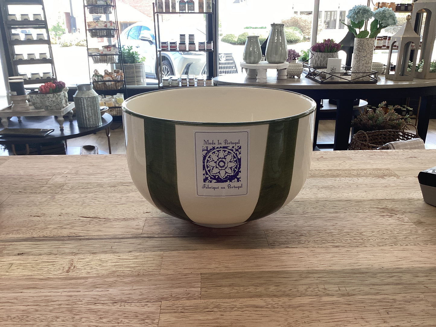 Green/White Striped Large Bowl