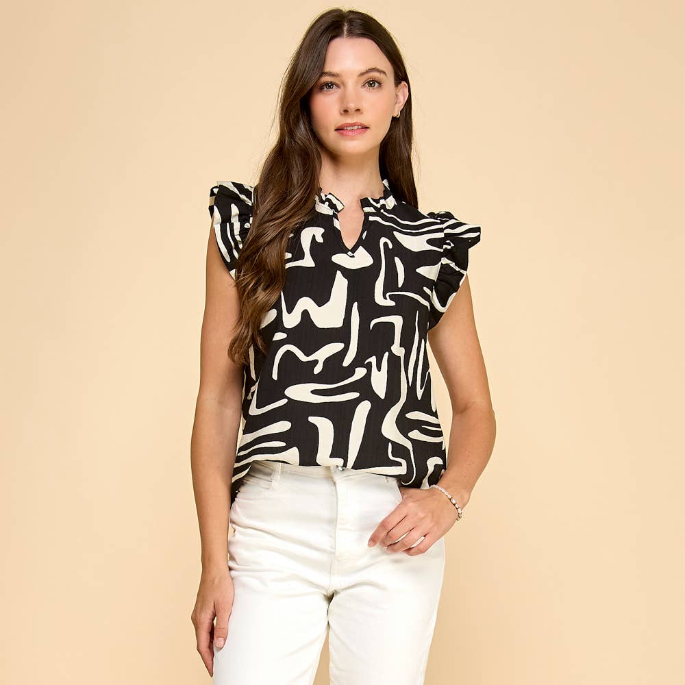 Abstract Print V Neck with Ruffled Neck and Sleeves