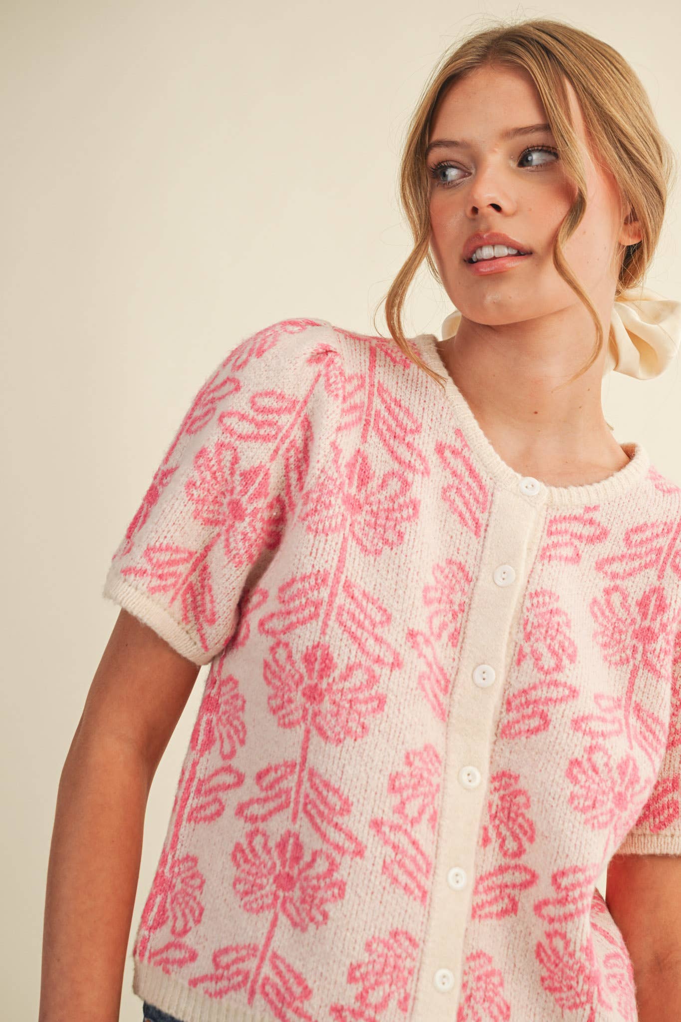 FLORAL KNIT SHORT PUFF SLEEVE SWEATER CARDIGAN MSW11215