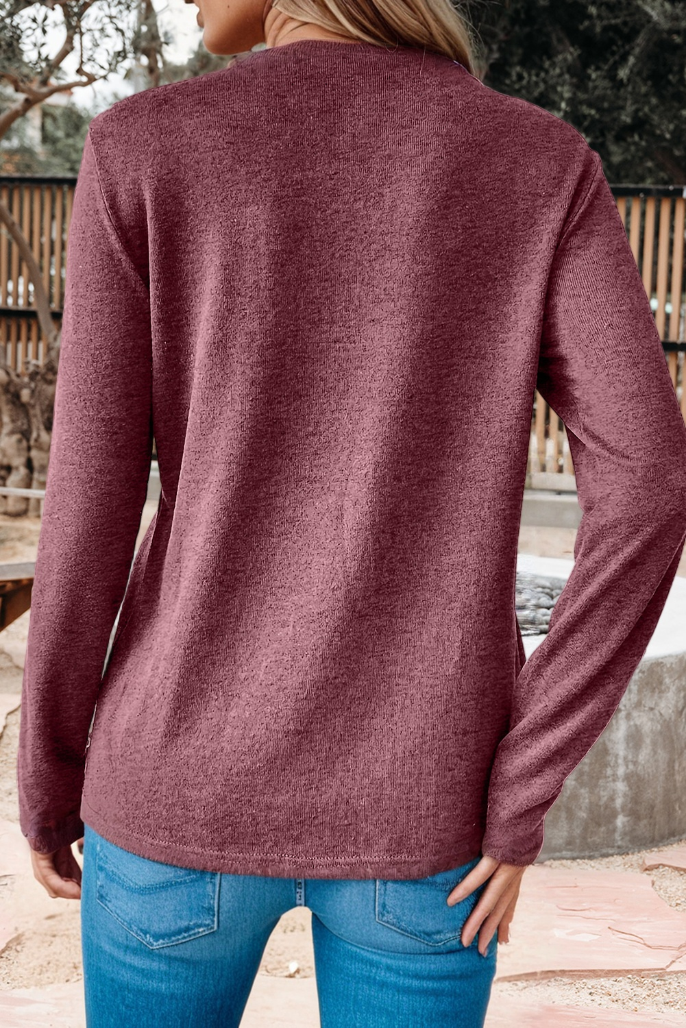 Solid Exposed Seam Crew Neck Long Sleeve Top