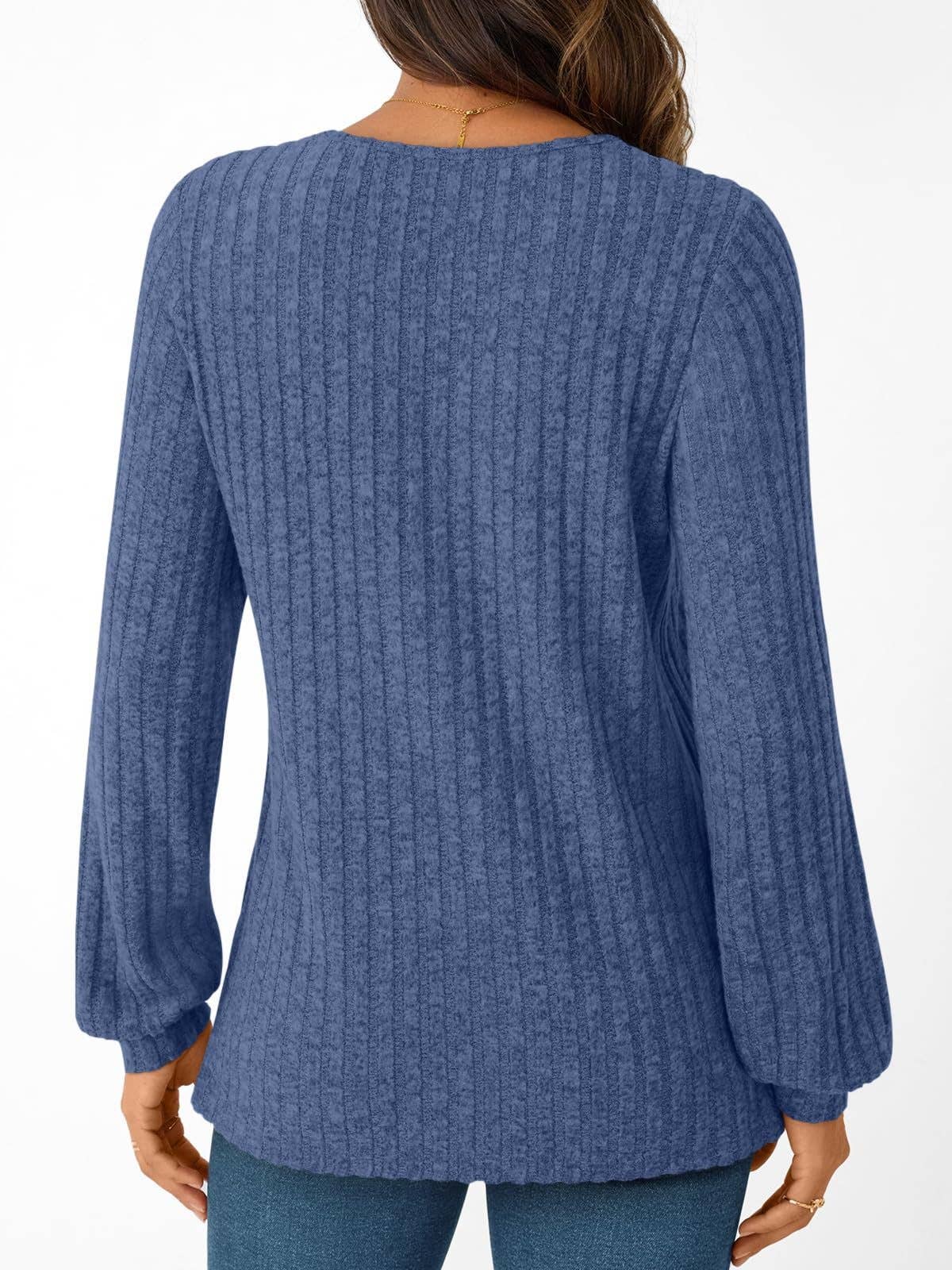 Suhkasana - Textured Rib Knit V-Neck Pullover Long Sleeve Top