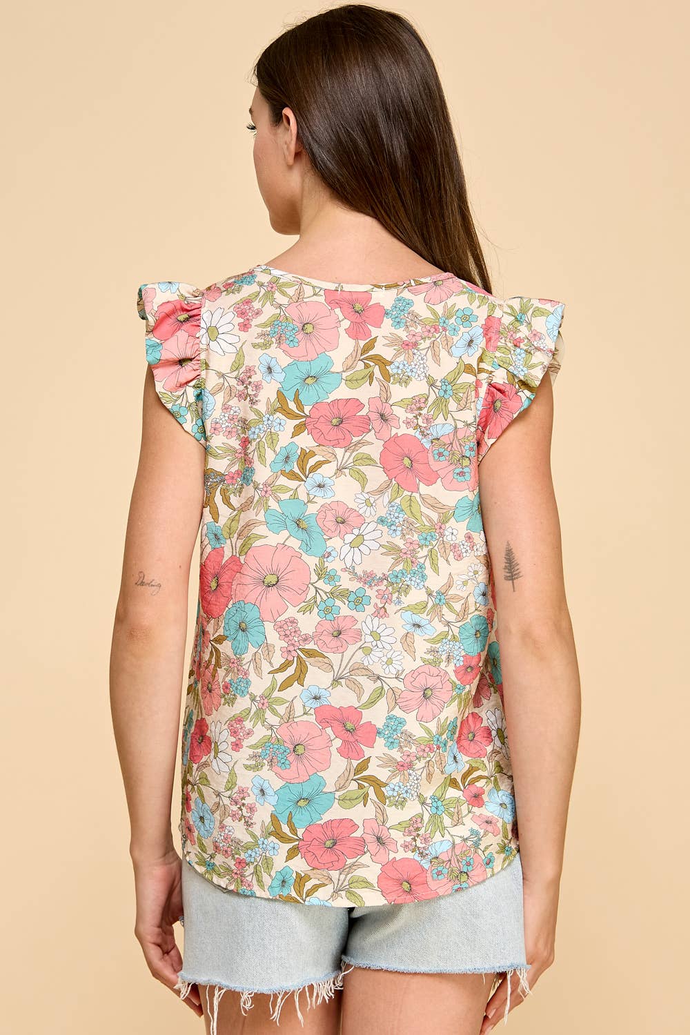 Floral Printed Top V Neck with Ruffled Sleeves