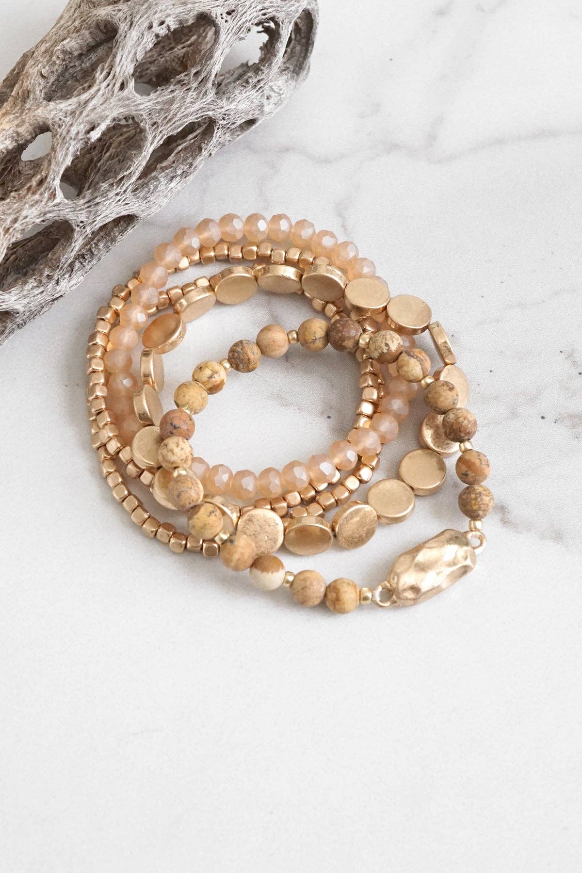 PennyLine inc - 5 piece Boho Beaded Bracelets Stack Semi Precious Metal Glass Beads Golden nugget flat beads
