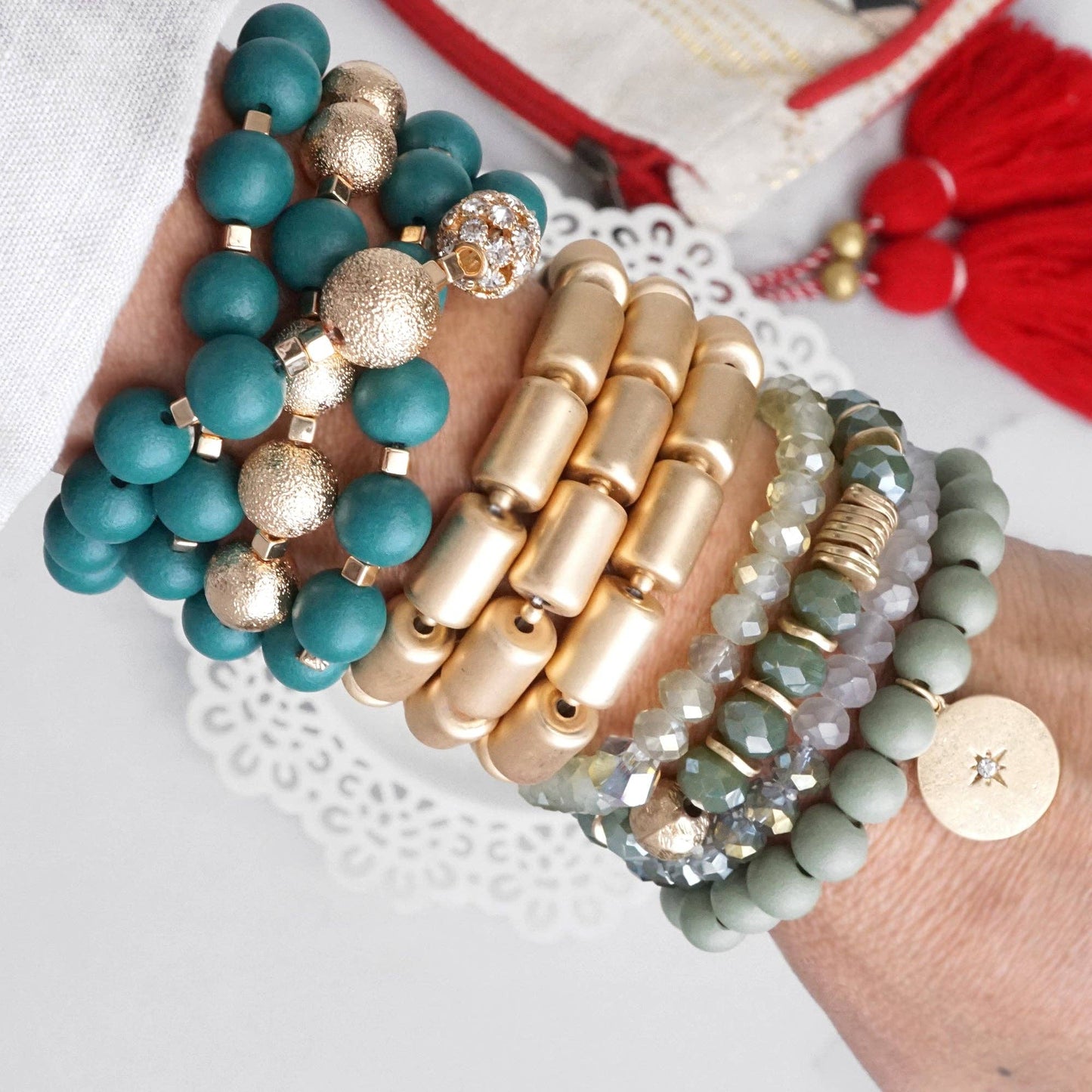 PennyLine inc - Beaded bracelets set in Olive green with a coin charm