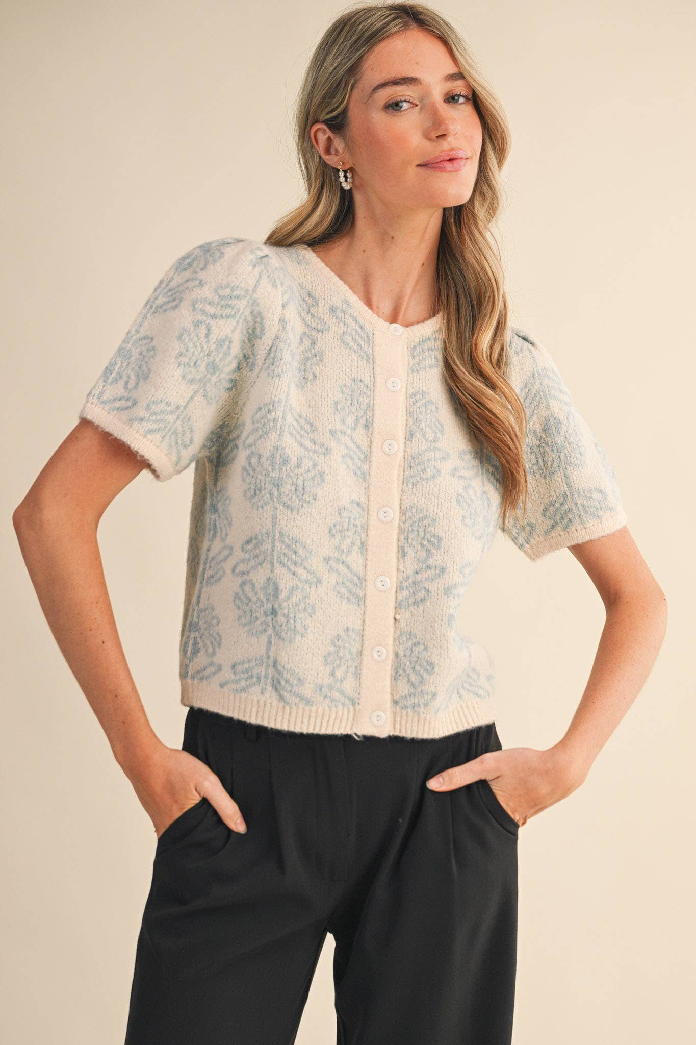 FLORAL KNIT SHORT PUFF SLEEVE SWEATER CARDIGAN MSW11215