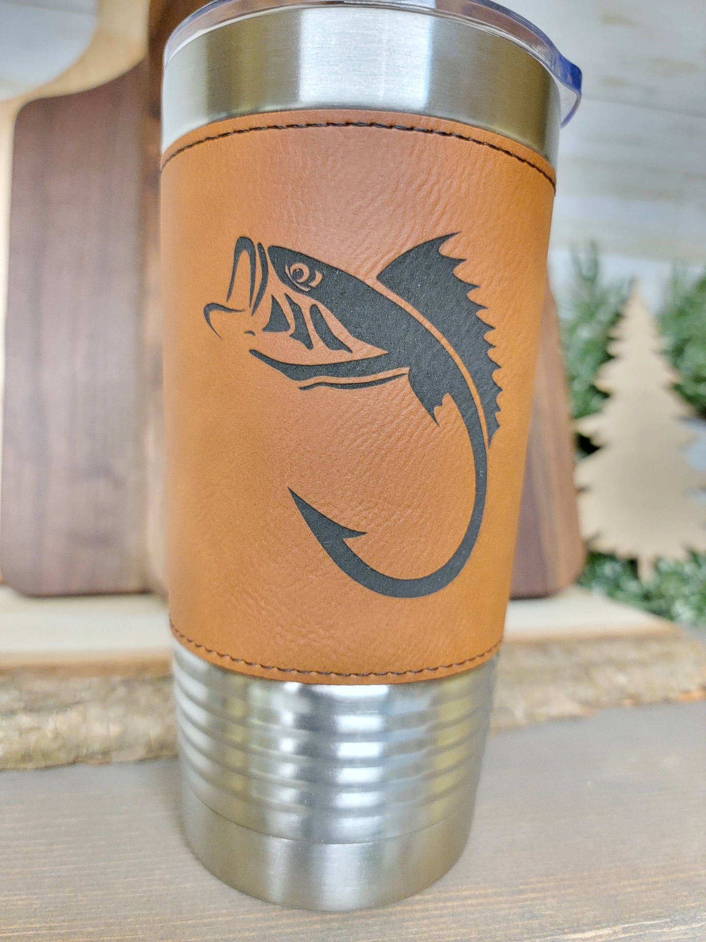 Fishing Leather Tumbler. Bass Fishing Engraved Cup.: Rawhide