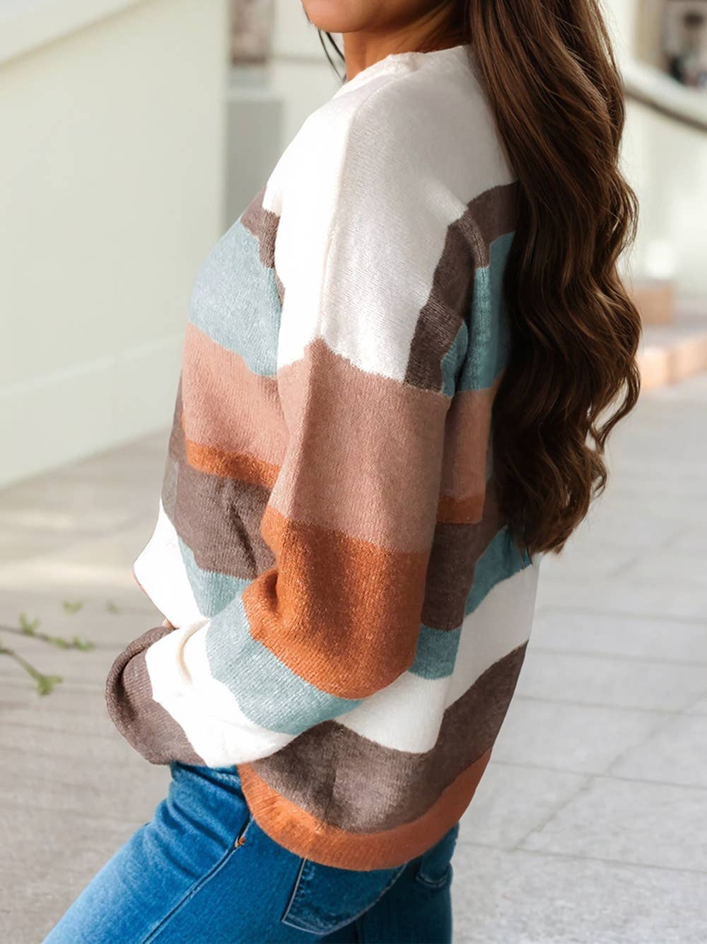 1 the Woman - Striped Color Block Knit Drop Shoulder Sweater