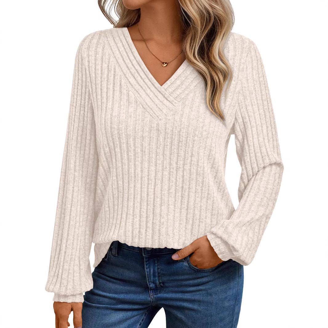 Suhkasana - Textured Rib Knit V-Neck Pullover Long Sleeve Top