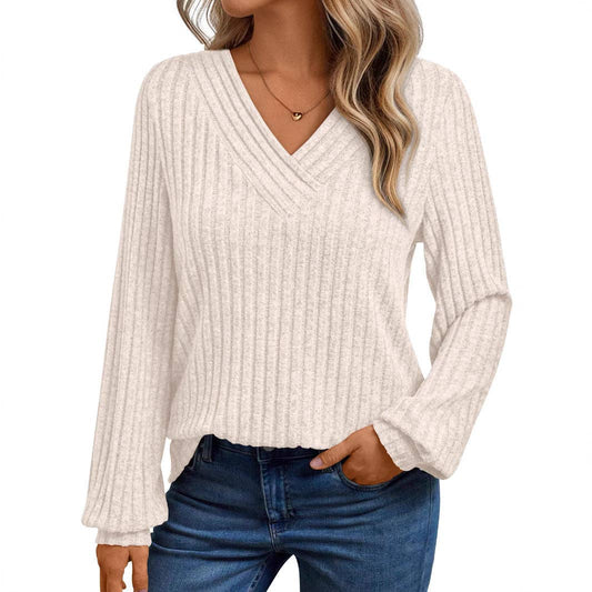 Suhkasana - Textured Rib Knit V-Neck Pullover Long Sleeve Top