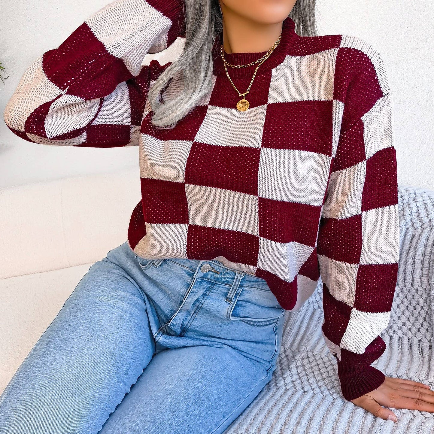 Hope & Sunshine - Colorblock Plaid Knit Sweater For Women