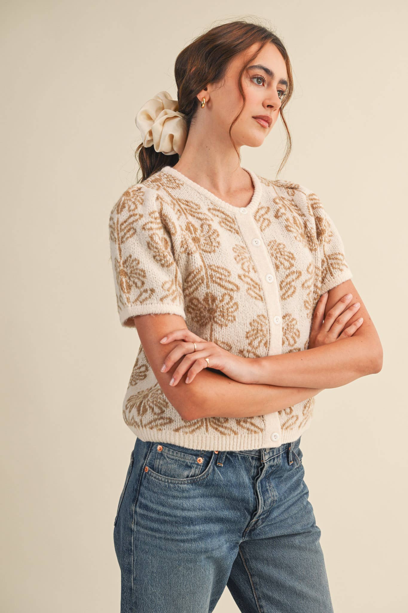 FLORAL KNIT SHORT PUFF SLEEVE SWEATER CARDIGAN MSW11215