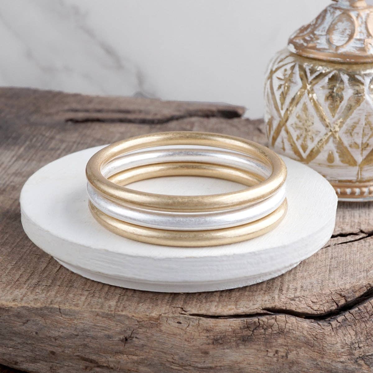 PennyLine inc - Sundrift Glow – Mixed Metal Bangle Stack