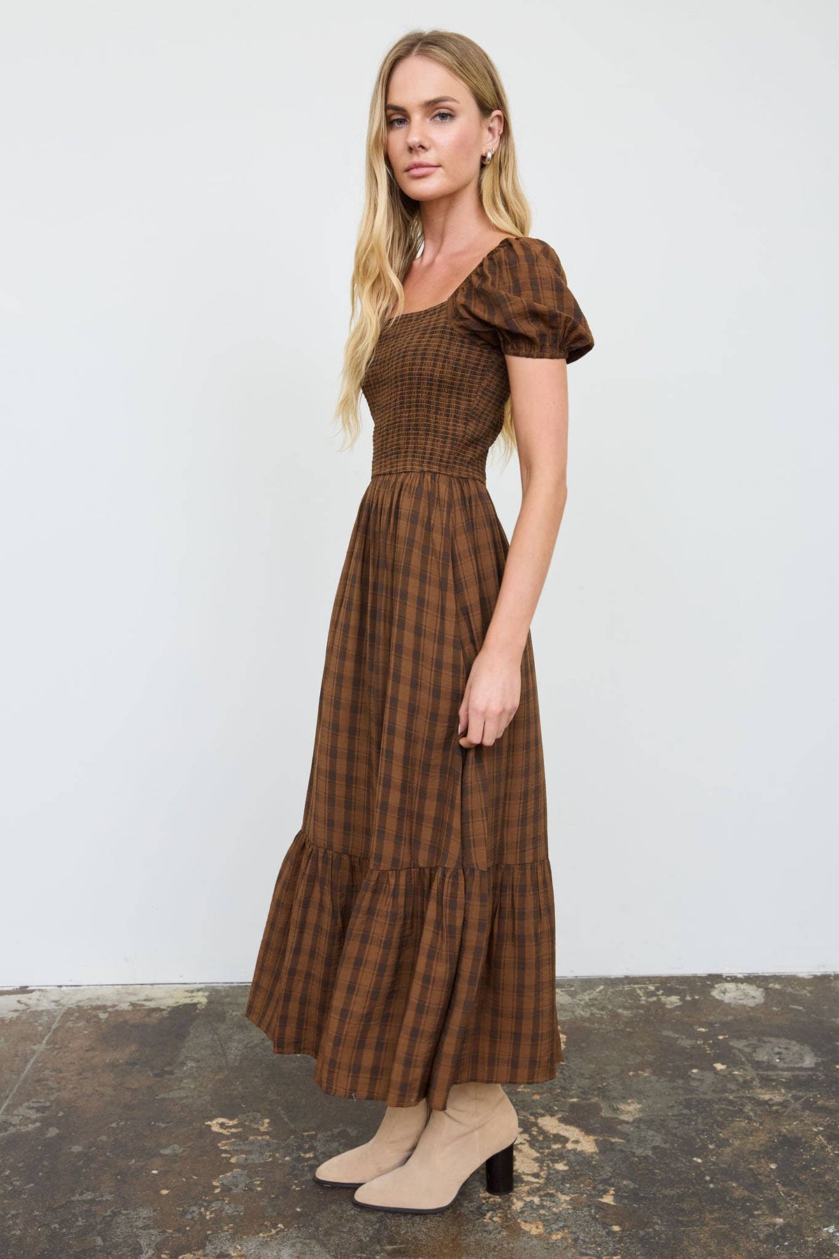 Plaid Smocked Puff Sleeve Tiered Midi Dress