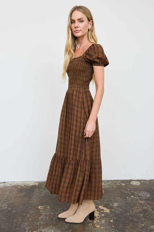 Plaid Smocked Puff Sleeve Tiered Midi Dress