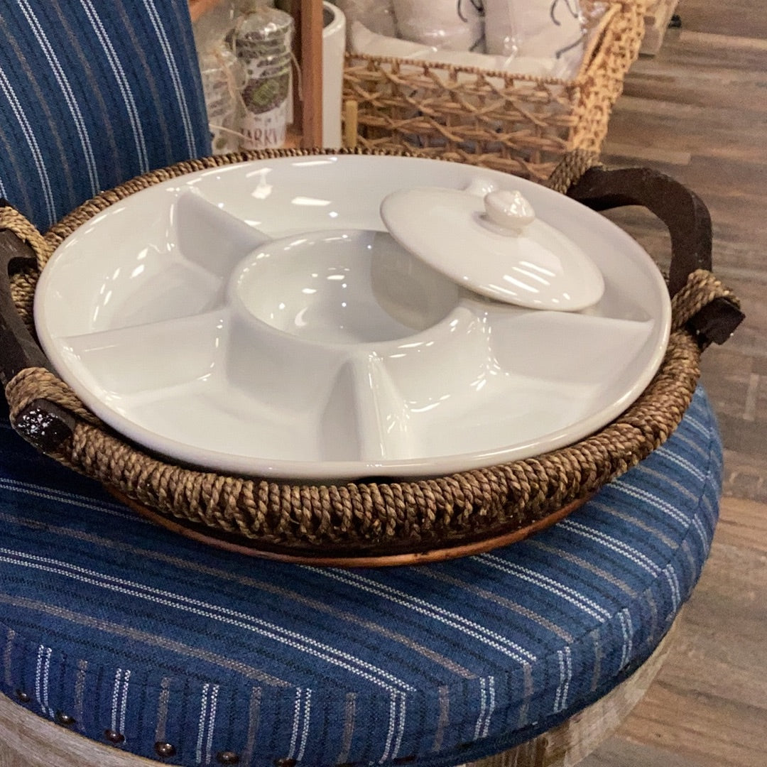 Ceramic Serving Tray with Wicker Base