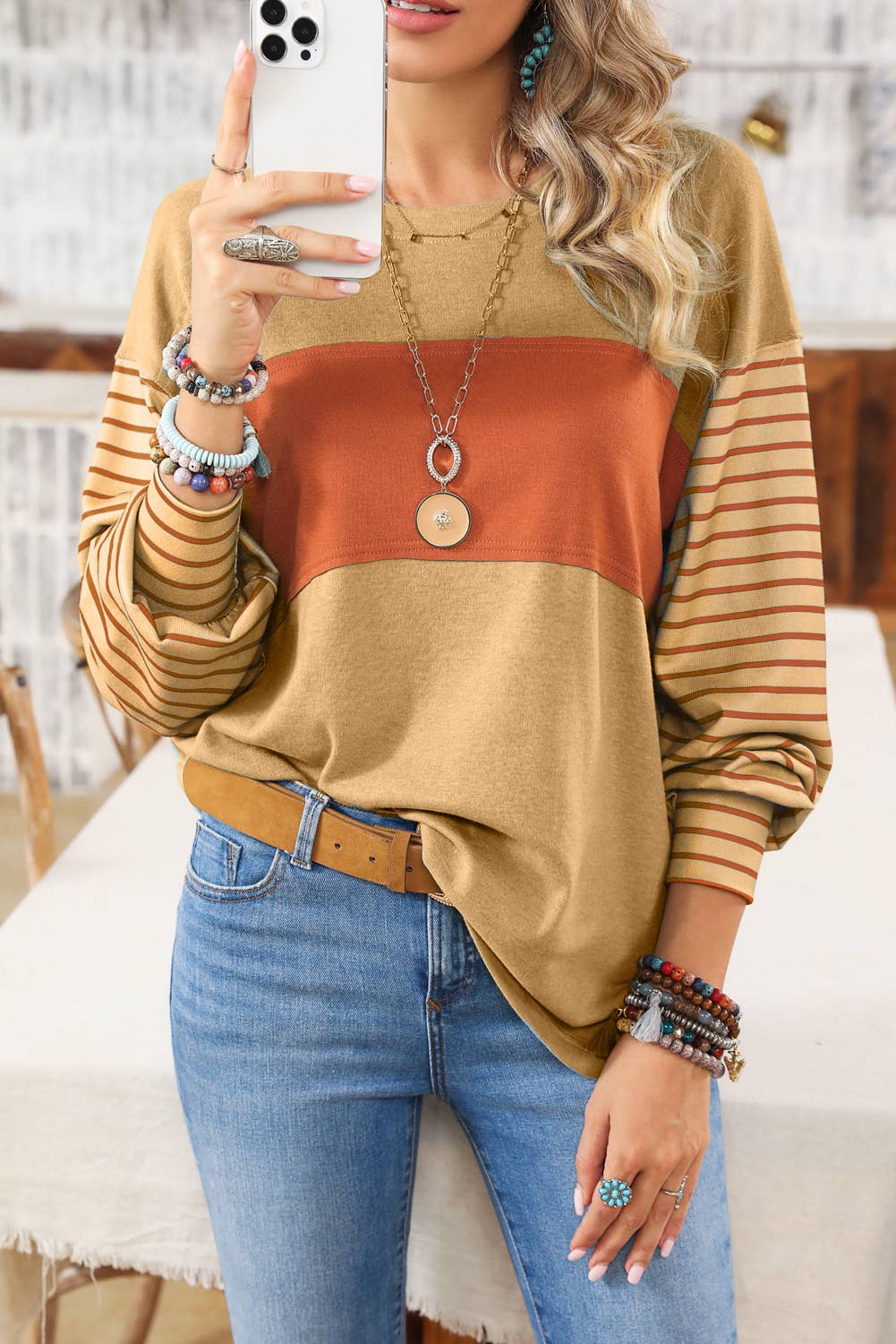 1 the Woman - Colorblock Striped Bishop Sleeve Top - 4 Colors