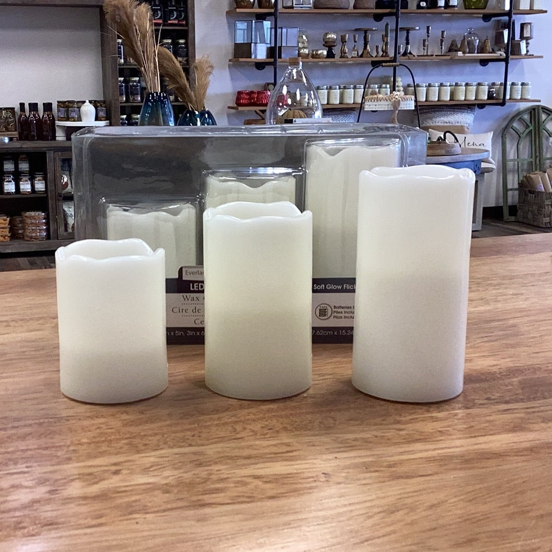 Melted Edge Flameless Pillar Candles, Set of 3