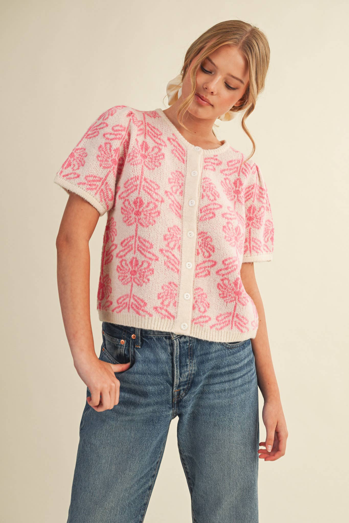 FLORAL KNIT SHORT PUFF SLEEVE SWEATER CARDIGAN MSW11215