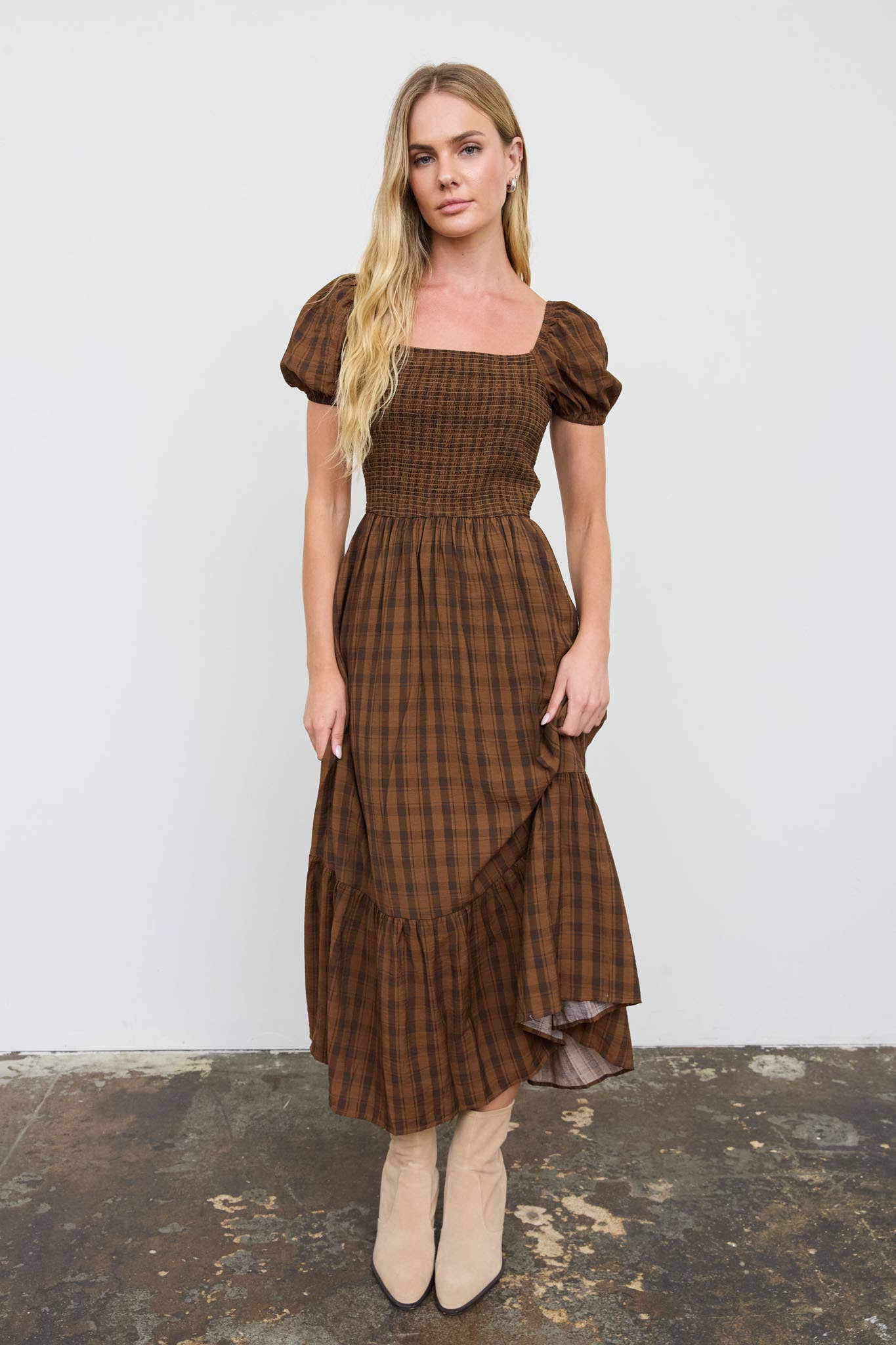 Plaid Smocked Puff Sleeve Tiered Midi Dress