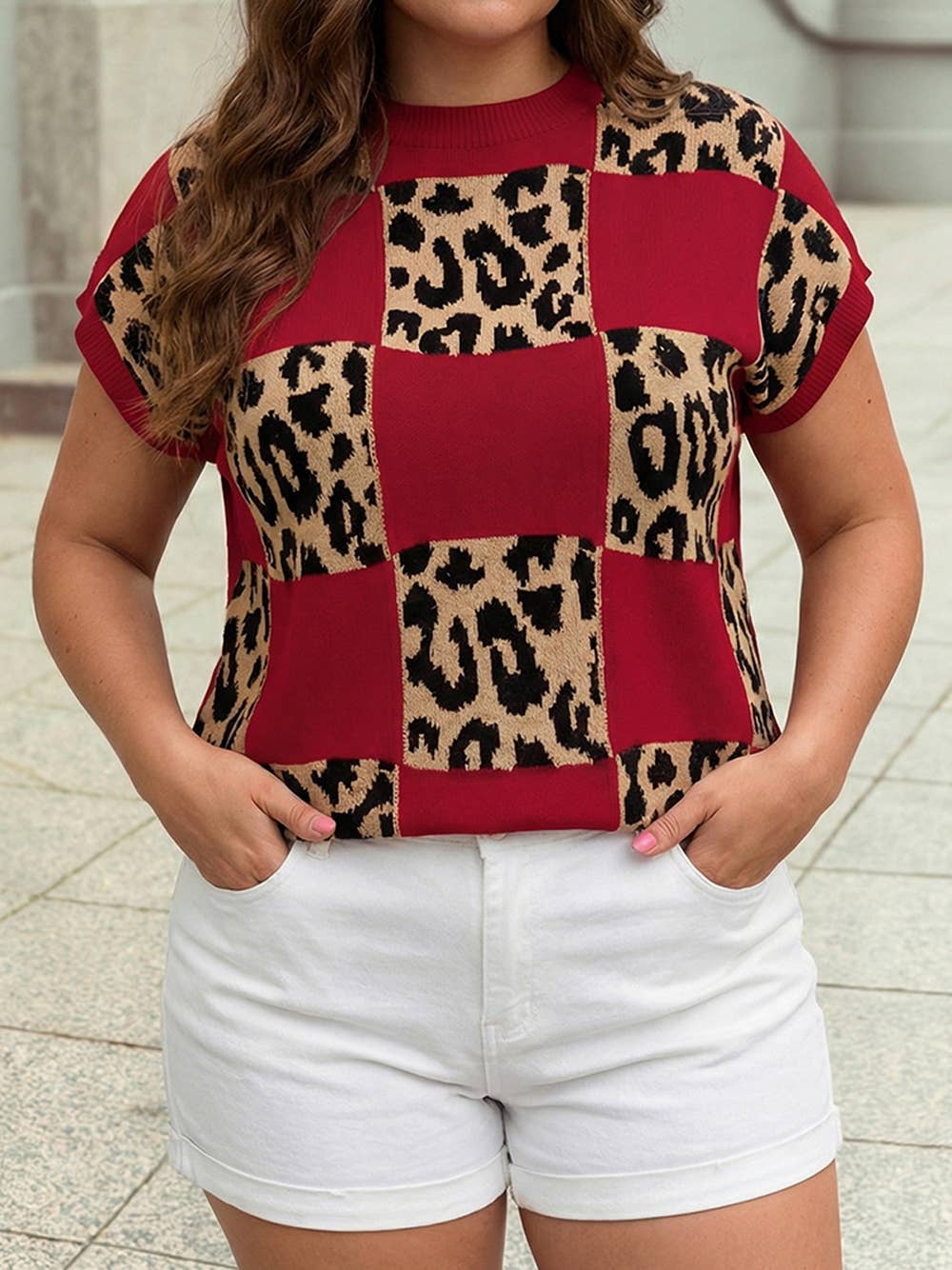 1 the Woman - Western Leopard Checkerboard Short Sleeve Knit Sweater |S-4X