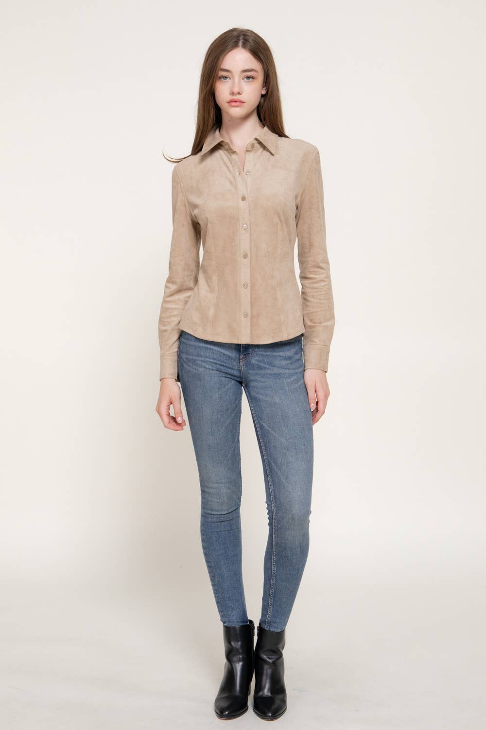 Active Basic | Active USA - Long Sleeve Button Down Stretch Faux Suede Shirt