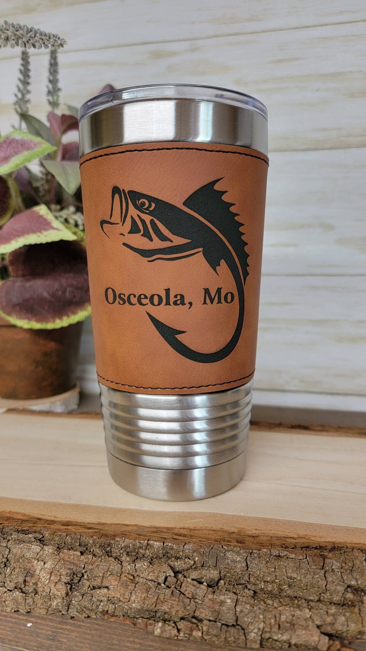 Fishing Leather Tumbler. Bass Fishing Engraved Cup.: Rawhide