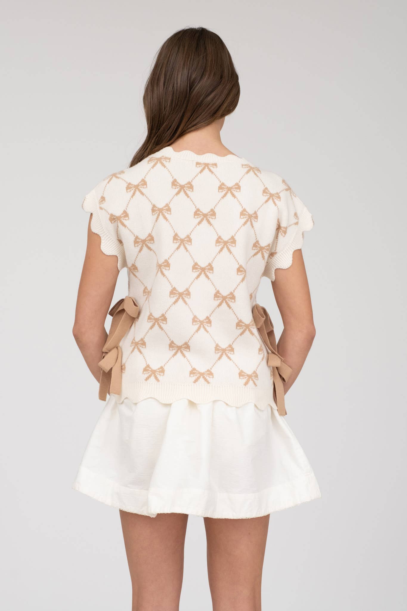 Blu Pepper - BOW PATTERN SHORT SLEEVE SIDE TIE KNIT PULLOVER