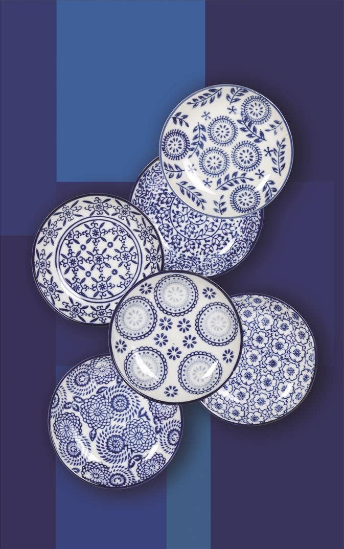 Blu/Wht Rd Shallow Dish-6 Asst-4"D-1468