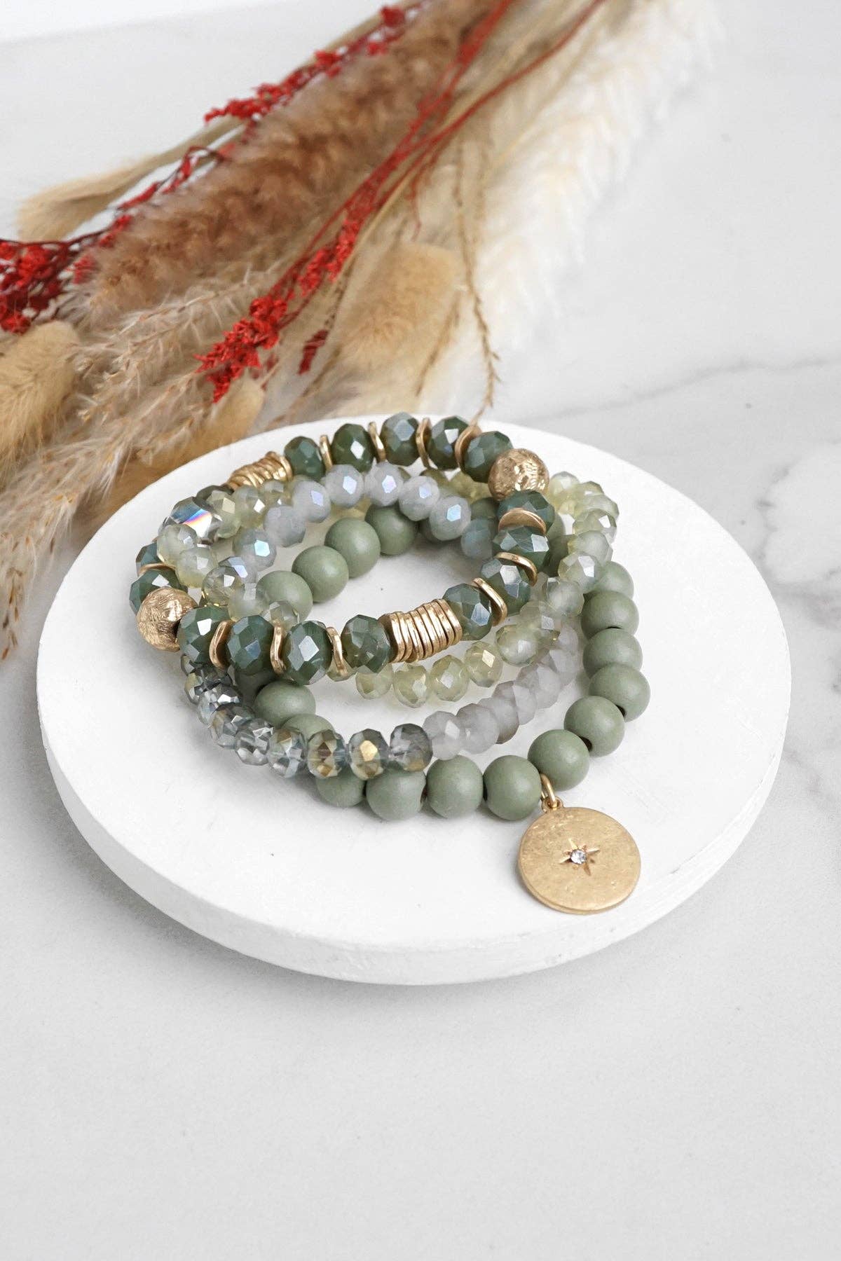 PennyLine inc - Beaded bracelets set in Olive green with a coin charm