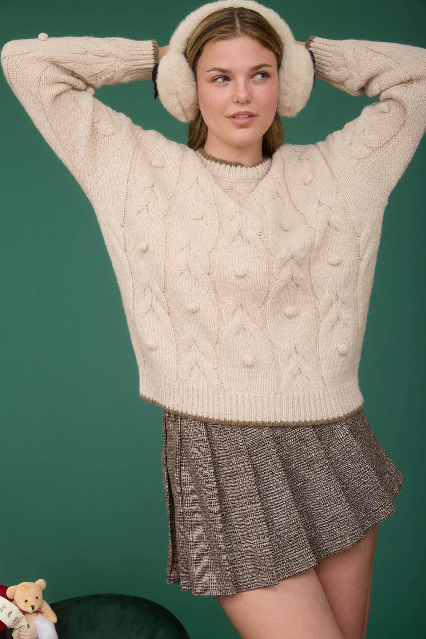 Pom Pom Detail Cable Knit Pullover Knit Sweater